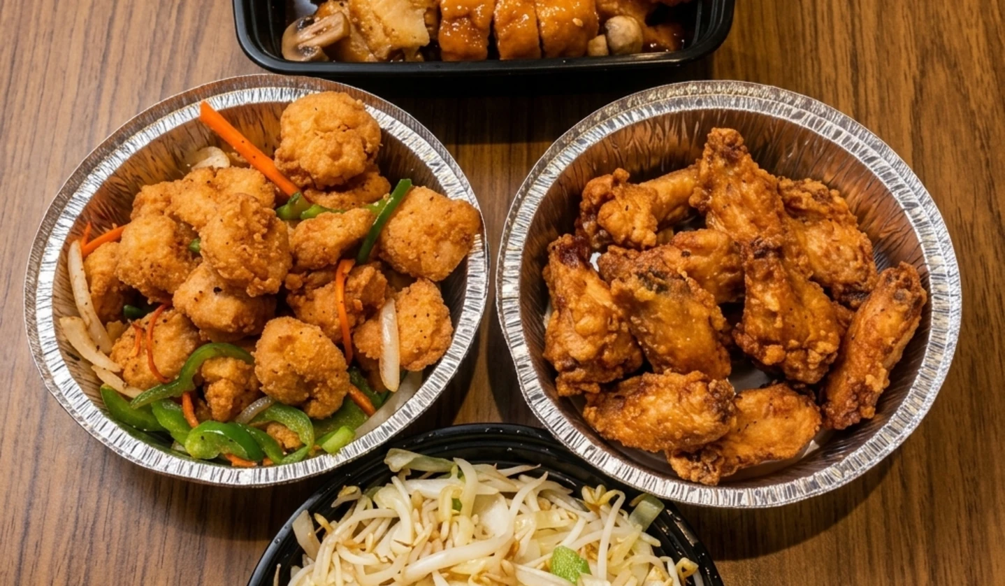 Chinese takeout containers packed with ginger beef, fried rice and egg rolls from New China Kitchen in Winnipeg